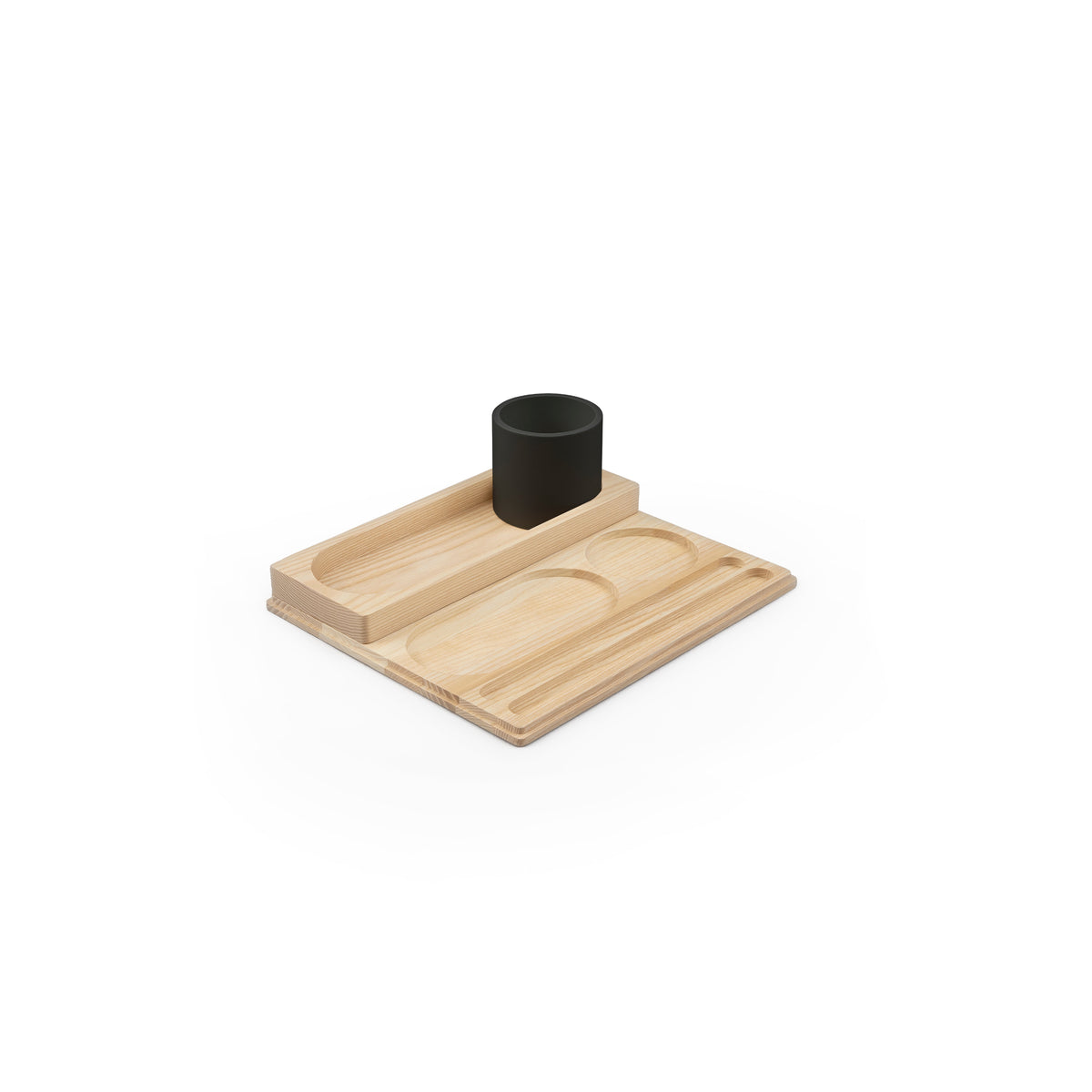 B-Line FILL organizer tray in natural ash with black cylinder for BOBY trolley