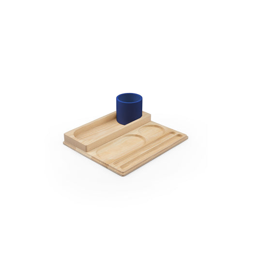 B-Line FILL organizer tray in natural ash with blue cylinder for BOBY trolley