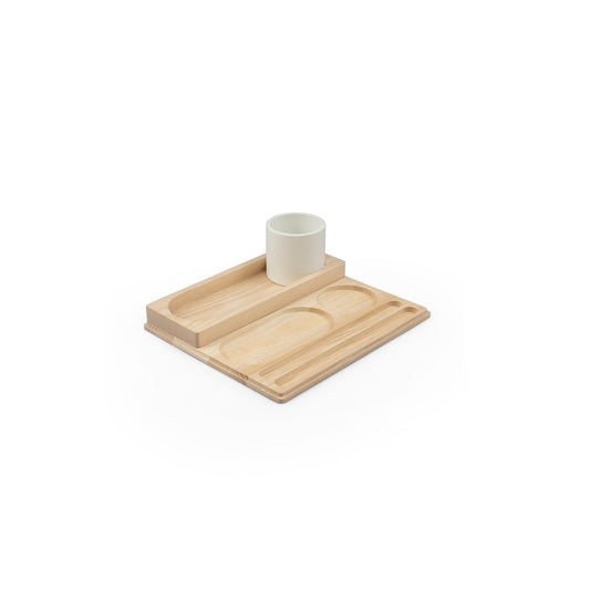 B-Line FILL organizer tray in natural ash with white cylinder for BOBY trolley