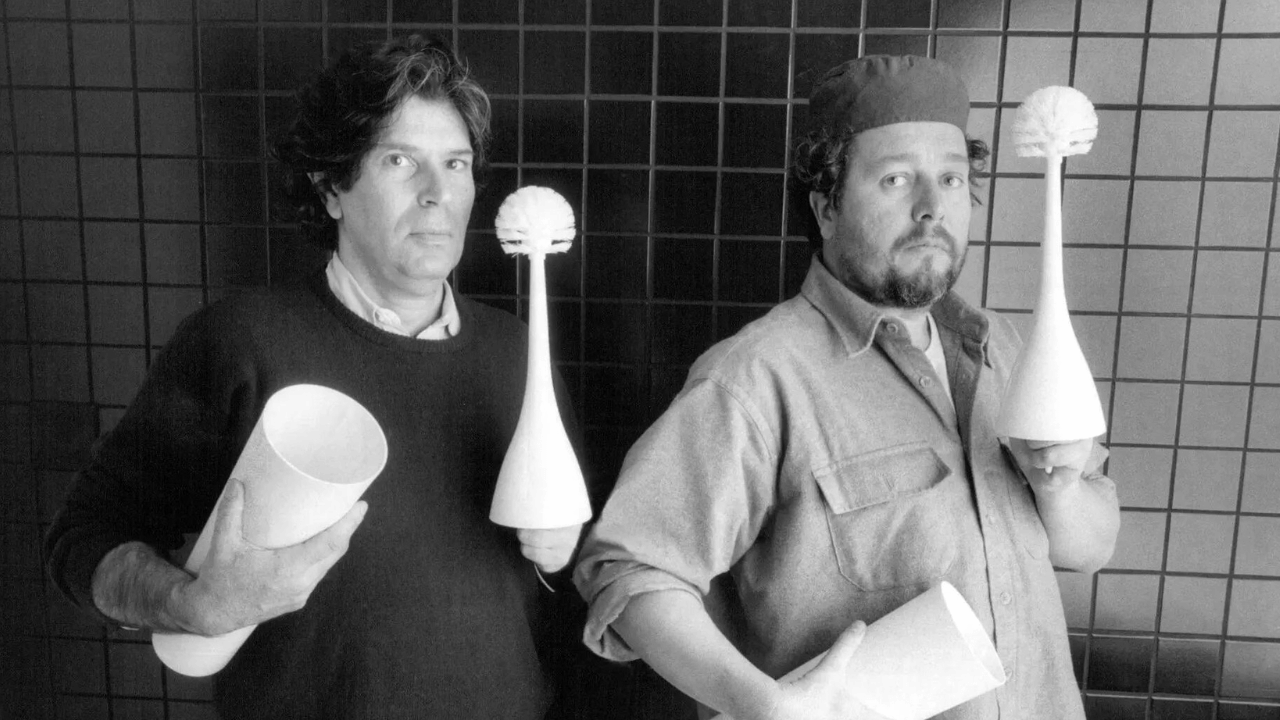 Alan Heller and Philippe Starck presenting the Excalibur Toilet Brush in 1995